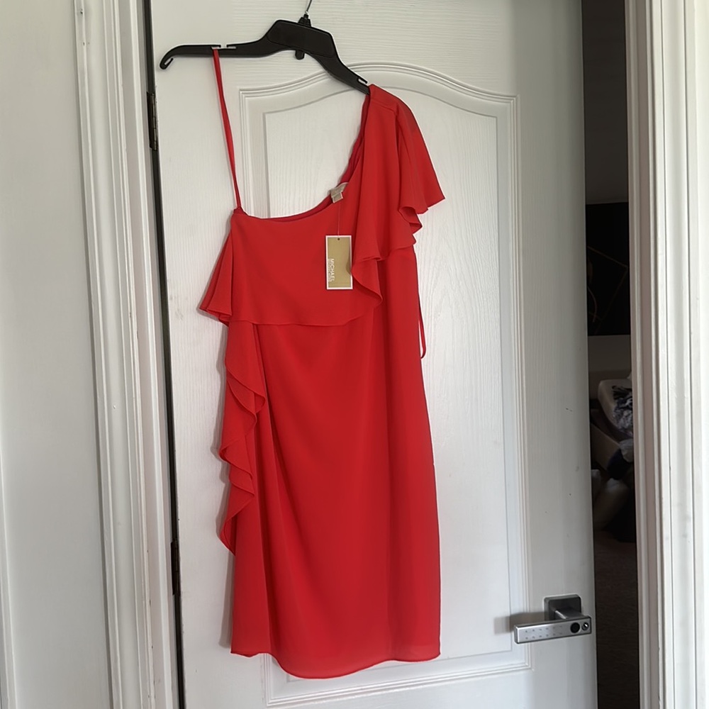 Michael Kors Sangria One-Shoulder Ruffle Dress